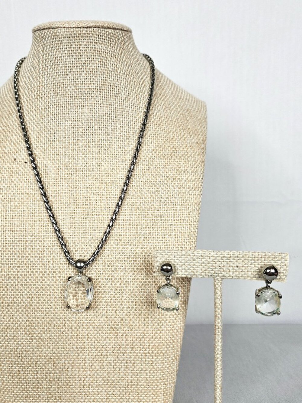 Silver Tone Crystal Necklace & Earrings Set | Faceted Pendant | Jewelry